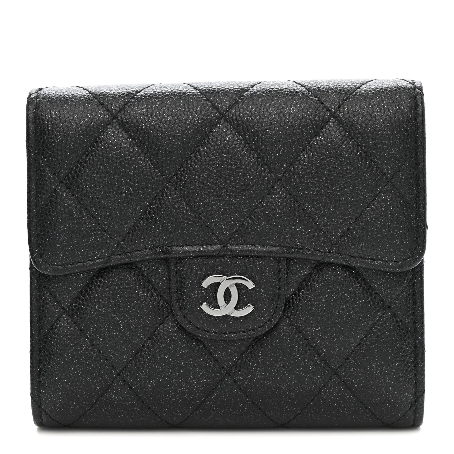 Iridescent Caviar Quilted Compact Flap Wallet Black