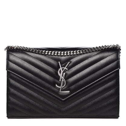 Saint Laurent Grain De Poudre Matelasse Chevron Medium Monogram Chain Wallet Black 1 of 9
