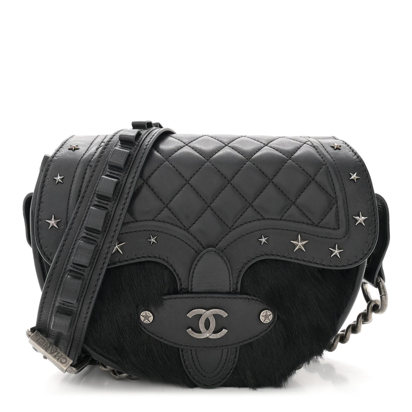 Pony Hair Calfskin Quilted Dallas Studded Saddle Bag Black