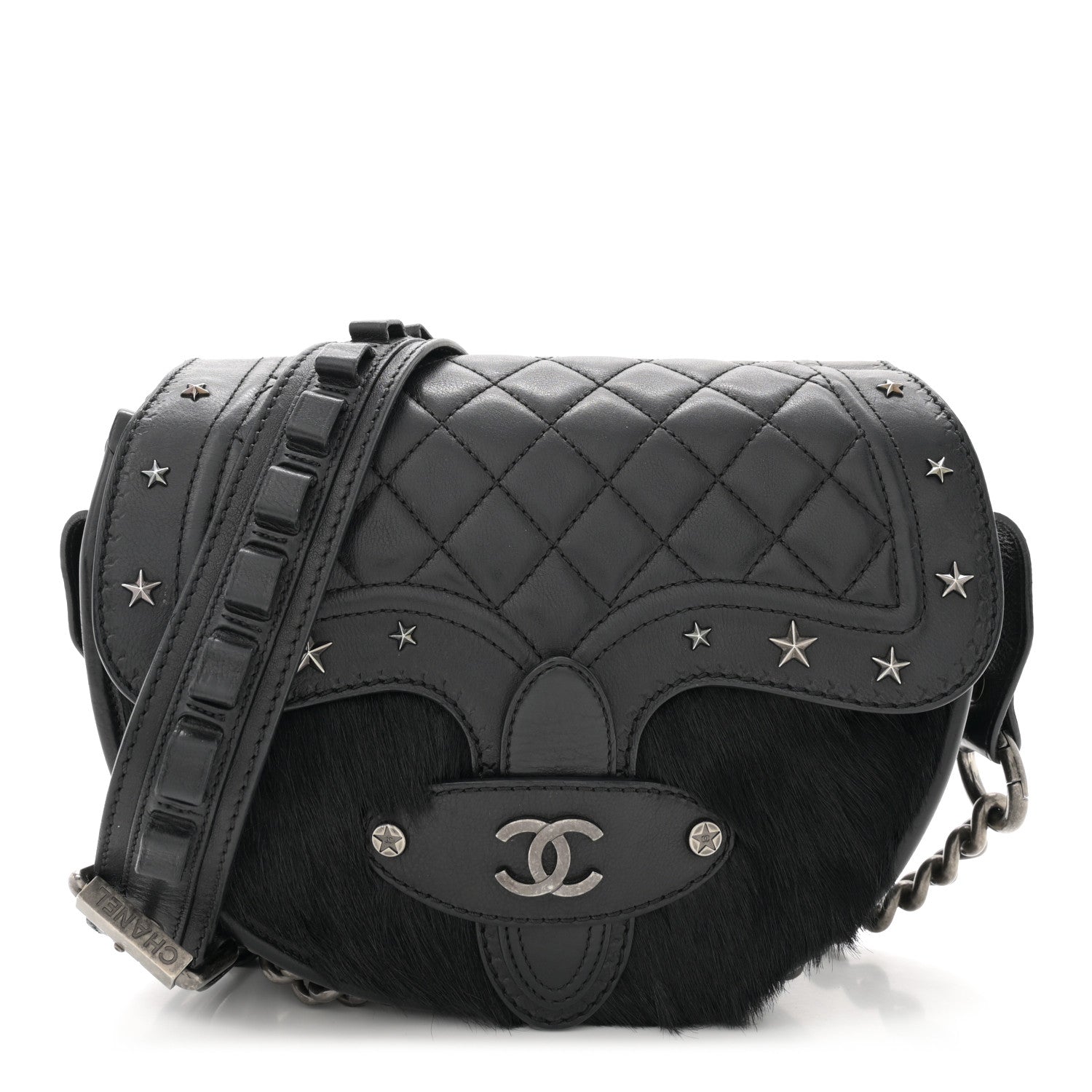 Chanel Pony Hair Calfskin Quilted Dallas Studded Saddle Bag Black 1 of 13