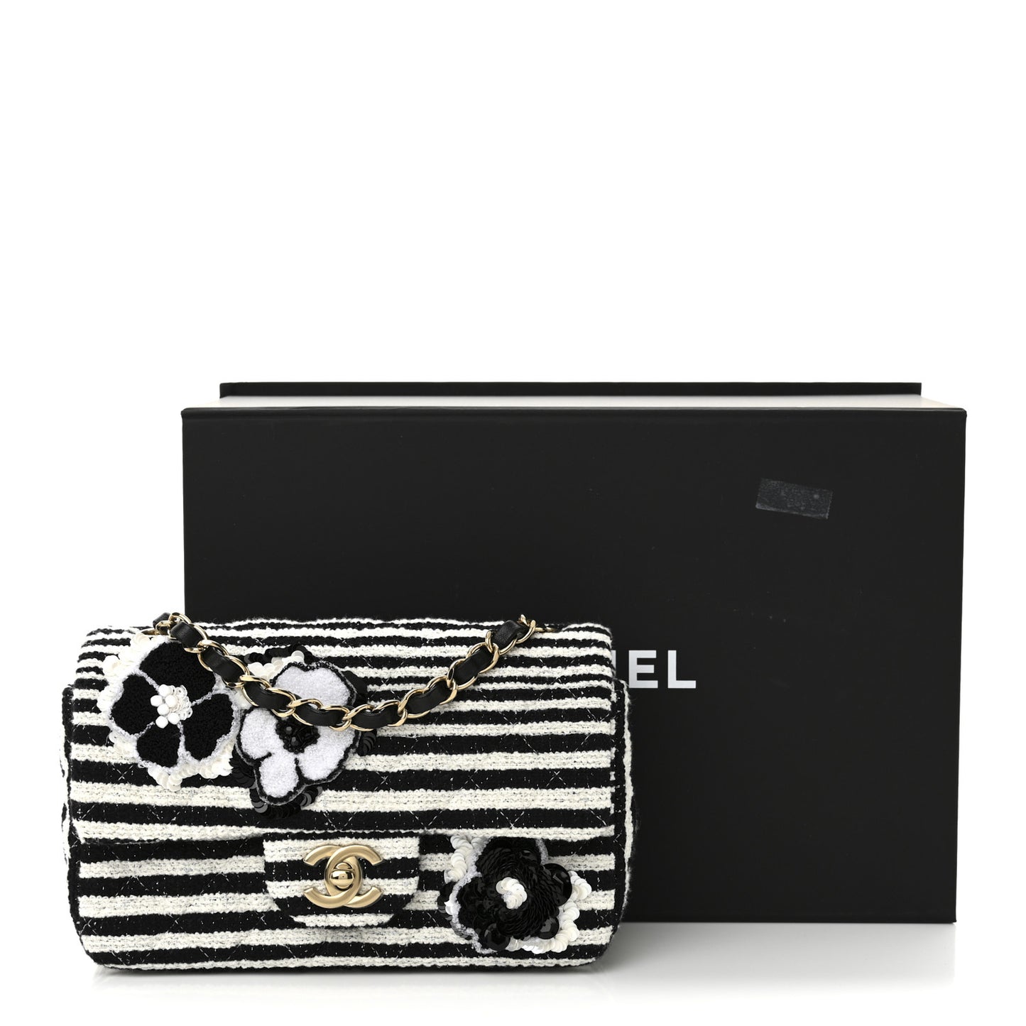 Striped Tweed Sequin Quilted Camellia Embellished Mini Rectangular Flap Ecru Black