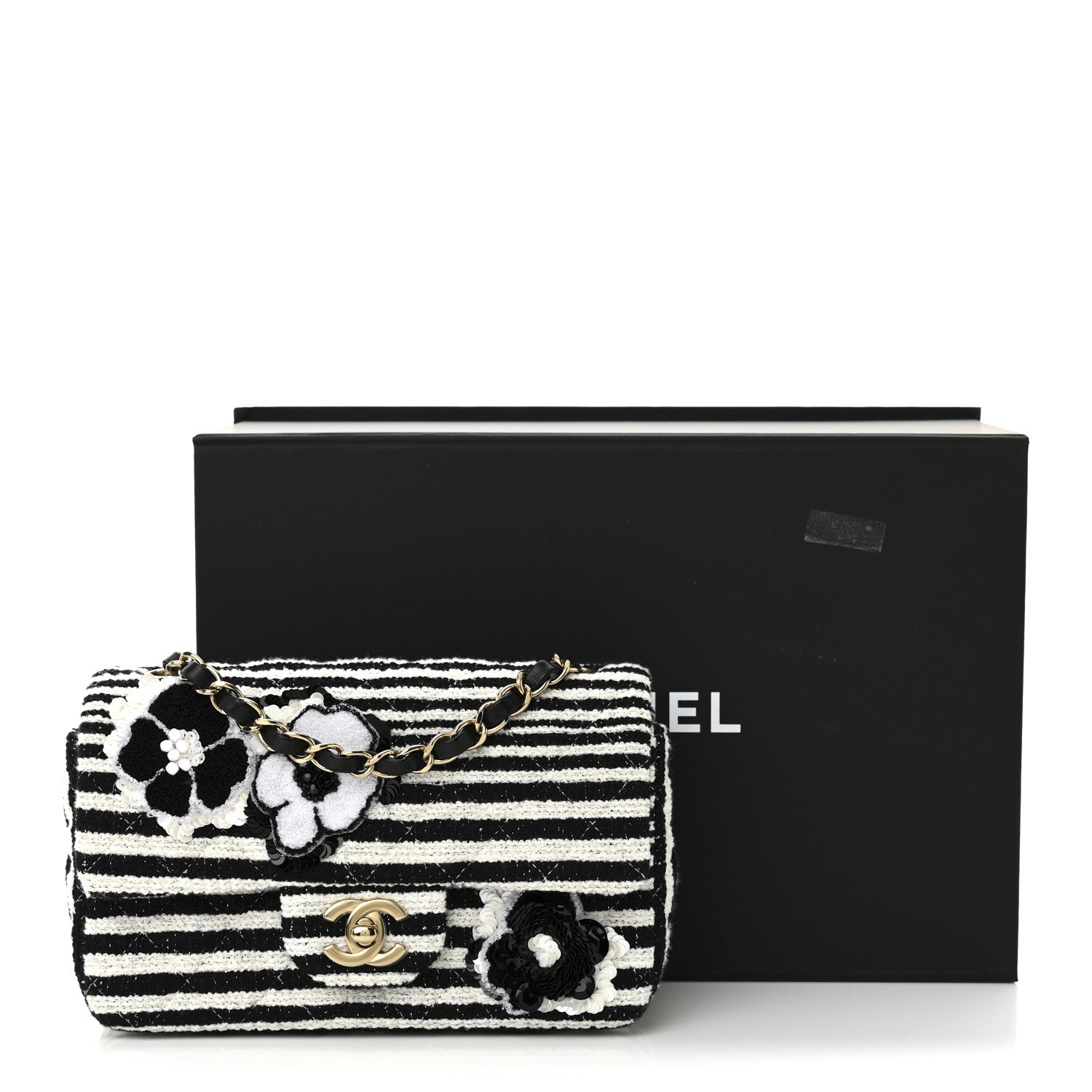 Chanel Striped Tweed Sequin Quilted Camellia Embellished Mini Rectangular Flap Ecru Black 11 of 11