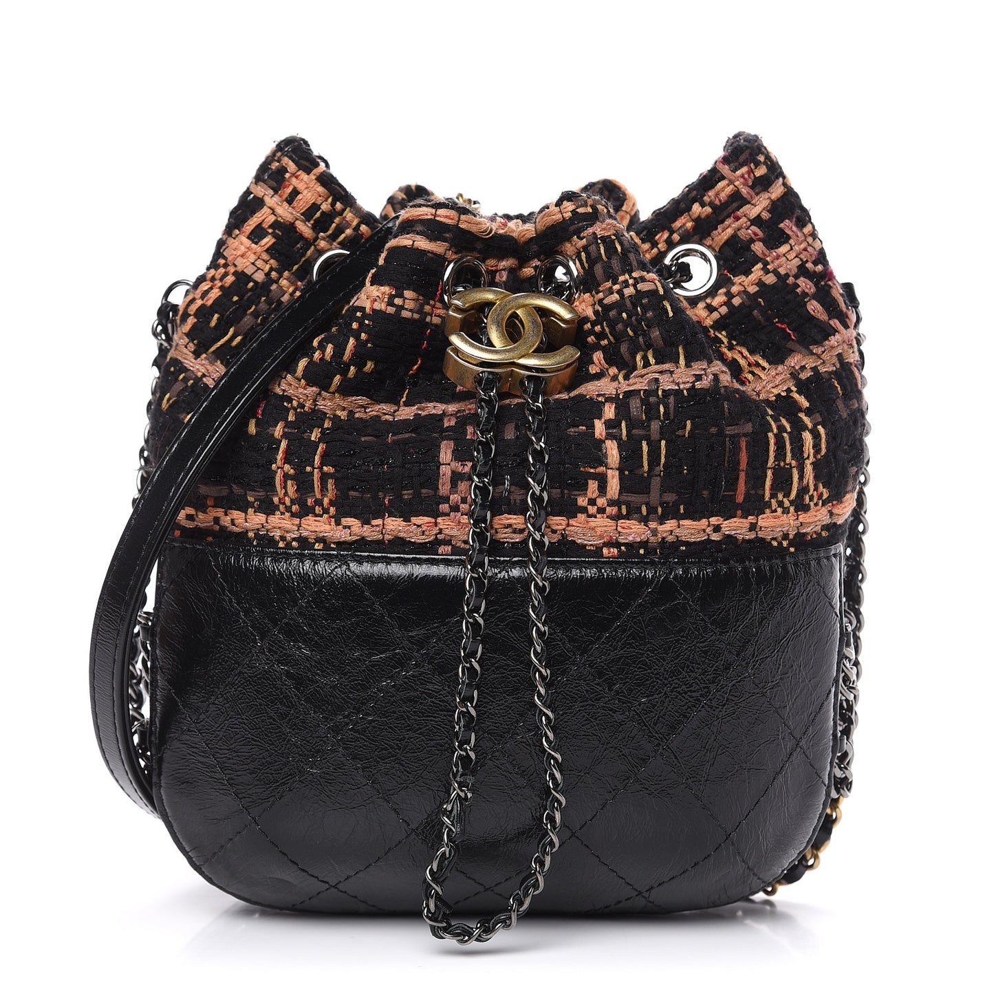Tweed Calfskin Quilted Small Gabrielle Bucket Black Brown Orange