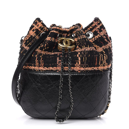 Chanel Tweed Calfskin Quilted Small Gabrielle Bucket Black Brown Orange 1 of 9