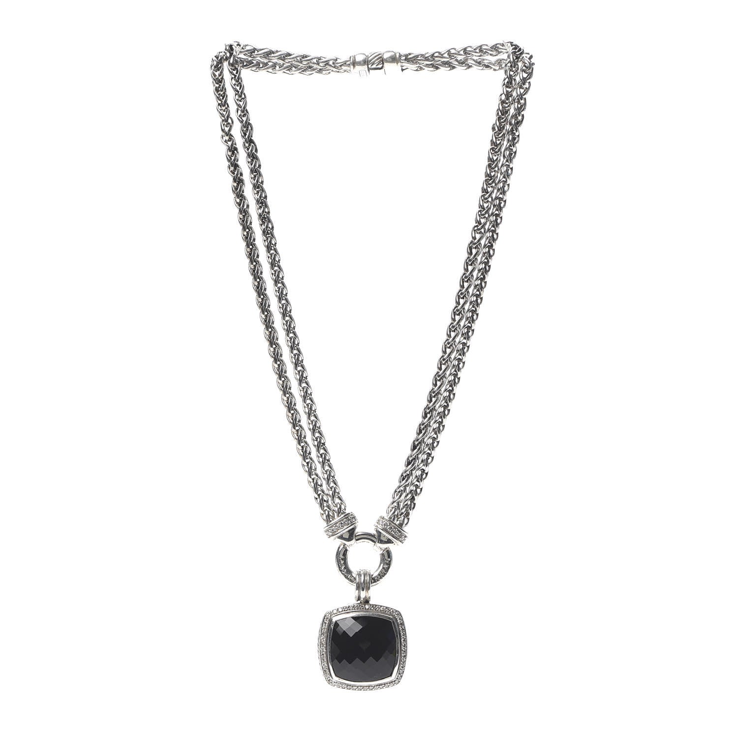 David Yurman Sterling Silver Diamond Black Onyx 19mm Albion Double Wheat Chain Pendant Necklace 3 of 7