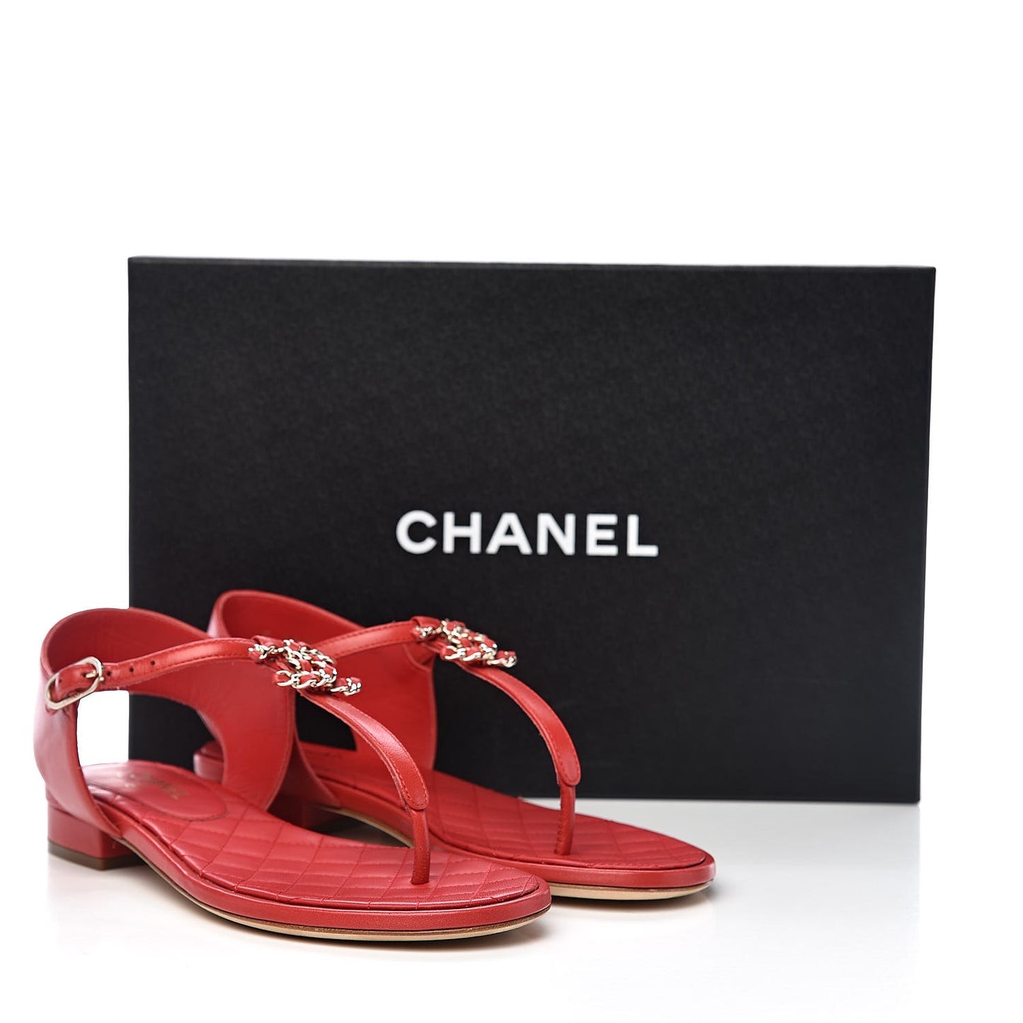 Lambskin Chain CC Logo Thong Sandals 35.5 Red