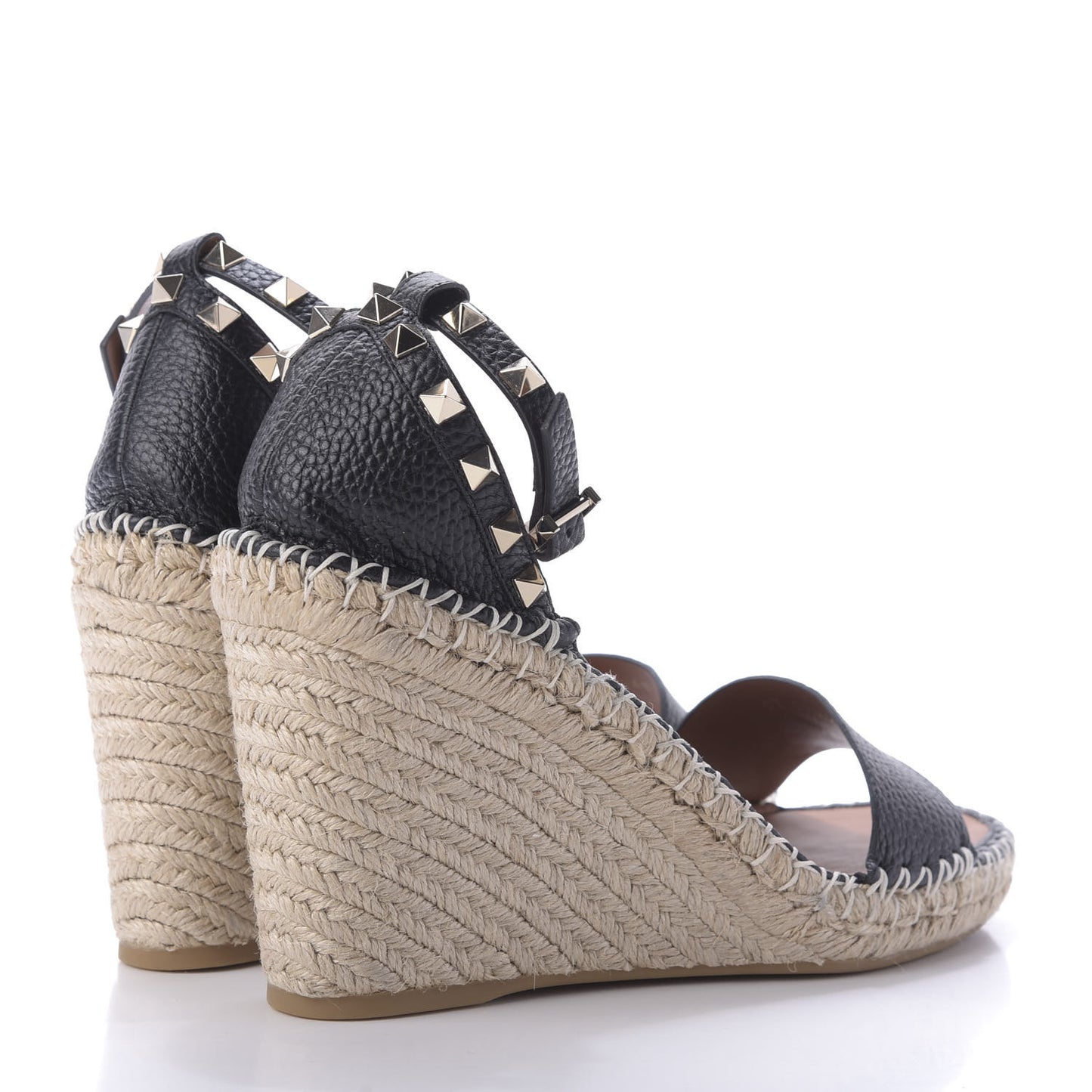 Grained Calfskin Rockstud Ankle Strap Espadrille 15/105mm Wedge Sandals 41 Black Light Cuir Natural