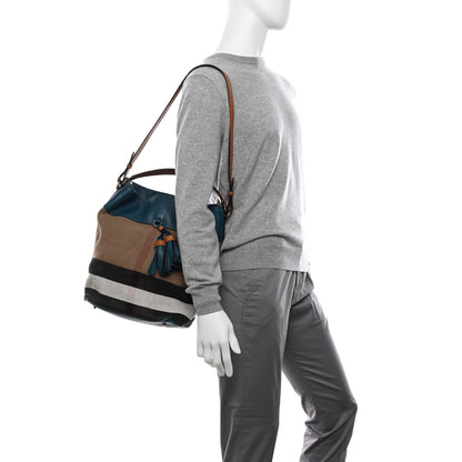 Burberry Grainy Calfskin Canvas Mega Check Medium Ashby Tassel Hobo Blue 2 of 9