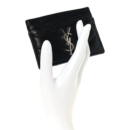 Saint Laurent Grain De Poudre Matelasse Chevron Monogram Credit Card Case Black 2 of 7