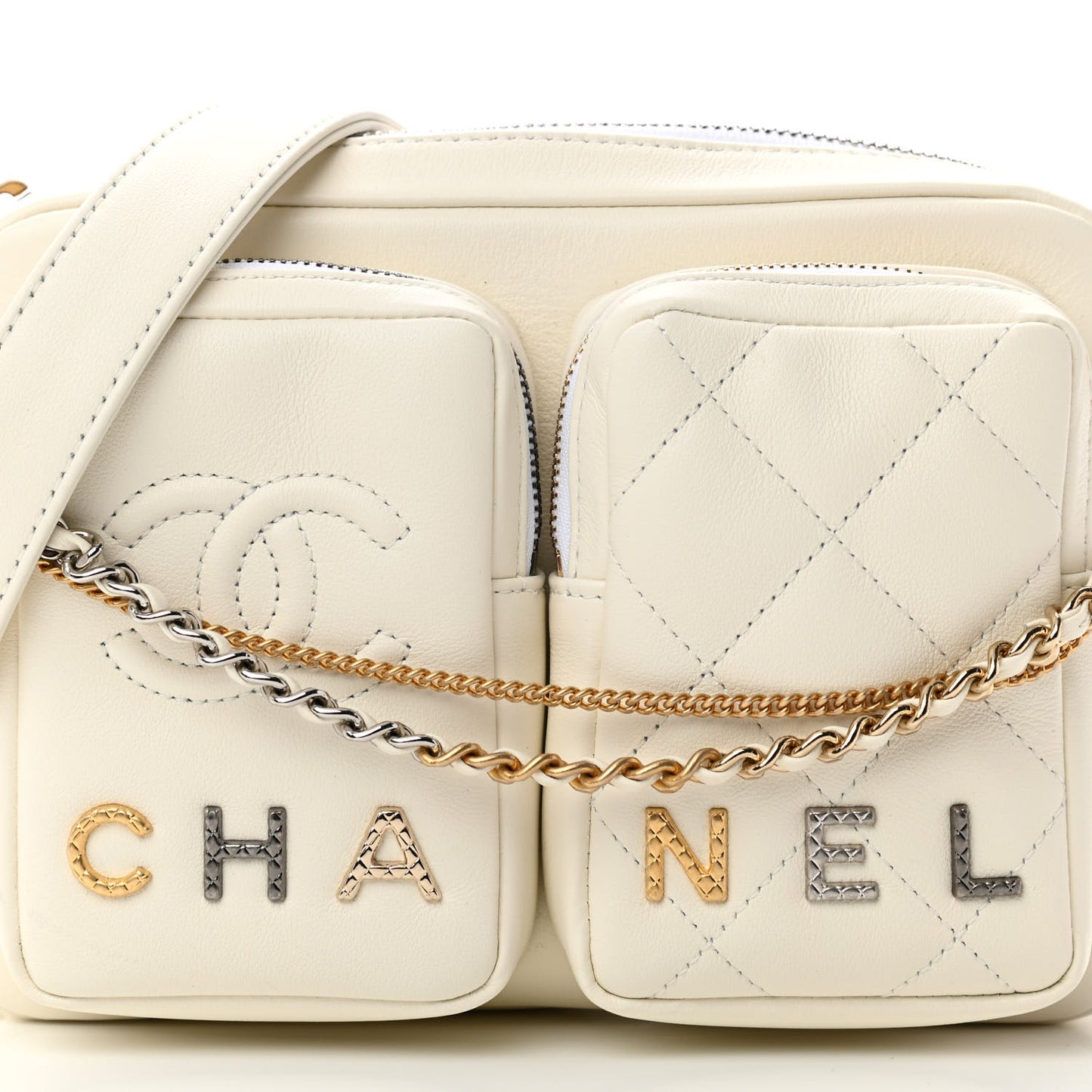 Calfskin Quilted Small Camera Case White