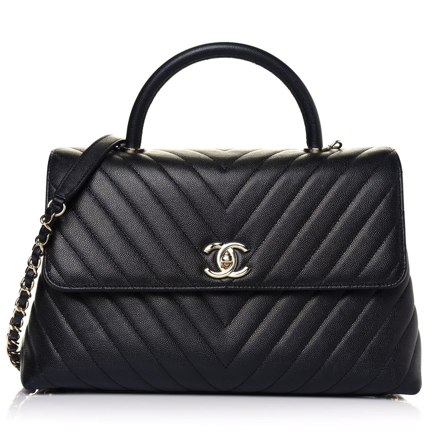 Caviar Chevron Quilted Medium Coco Handle Flap Black