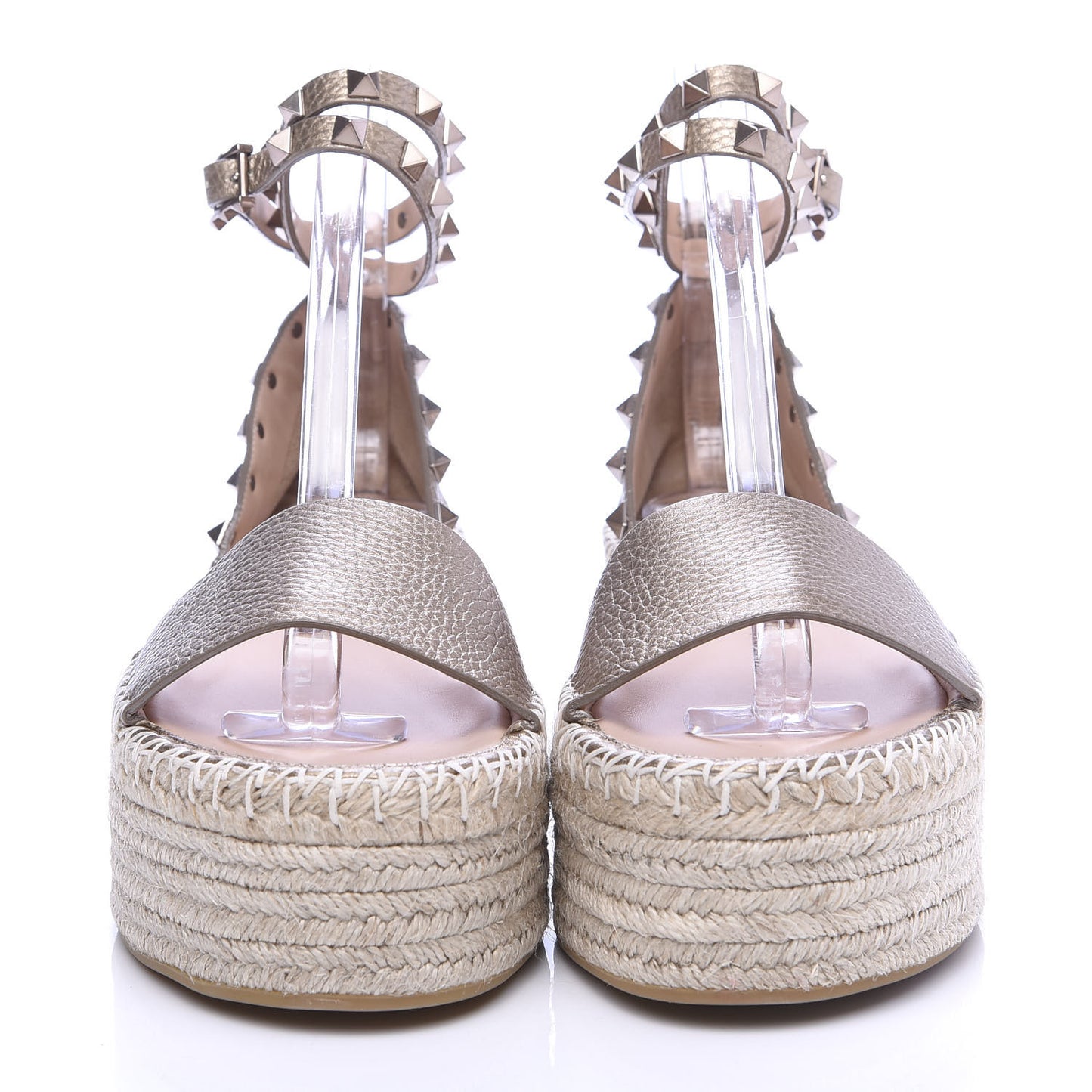 Metallic Grained Calfskin Rockstud Ankle Wrap Espadrille Flatform Sandals 37 Skin Natural