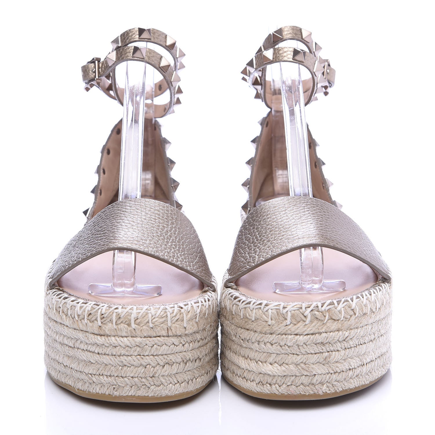 Valentino Garavani Metallic Grained Calfskin Rockstud Ankle Wrap Espadrille Flatform Sandals 37 Skin Natural 2 of 8