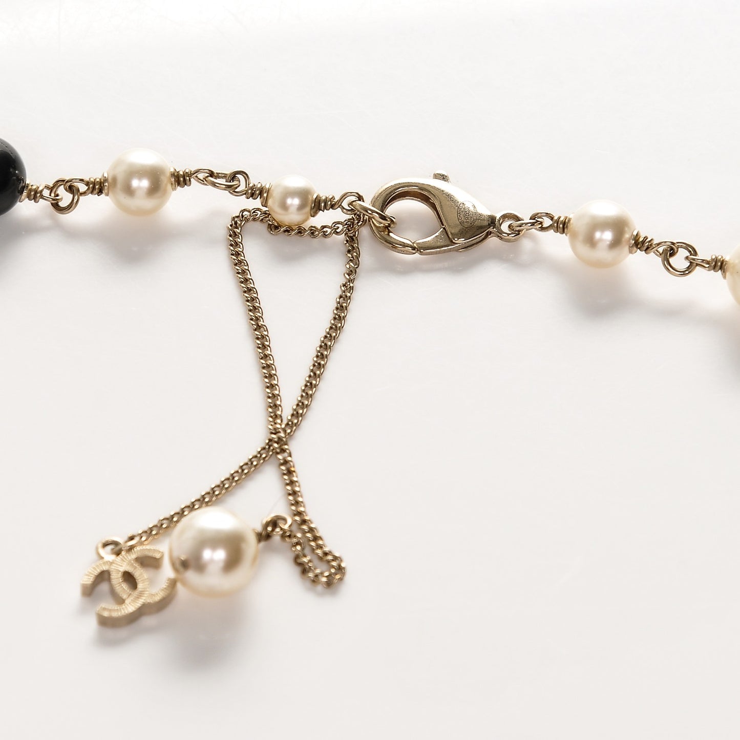 Pearl Bead Enamel CC Long Necklace Black Gold