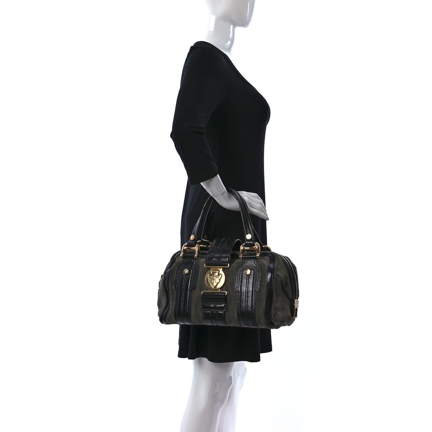 Gucci Suede Patent Calfskin Aviatrix Medium Boston Black Grey 2 of 13
