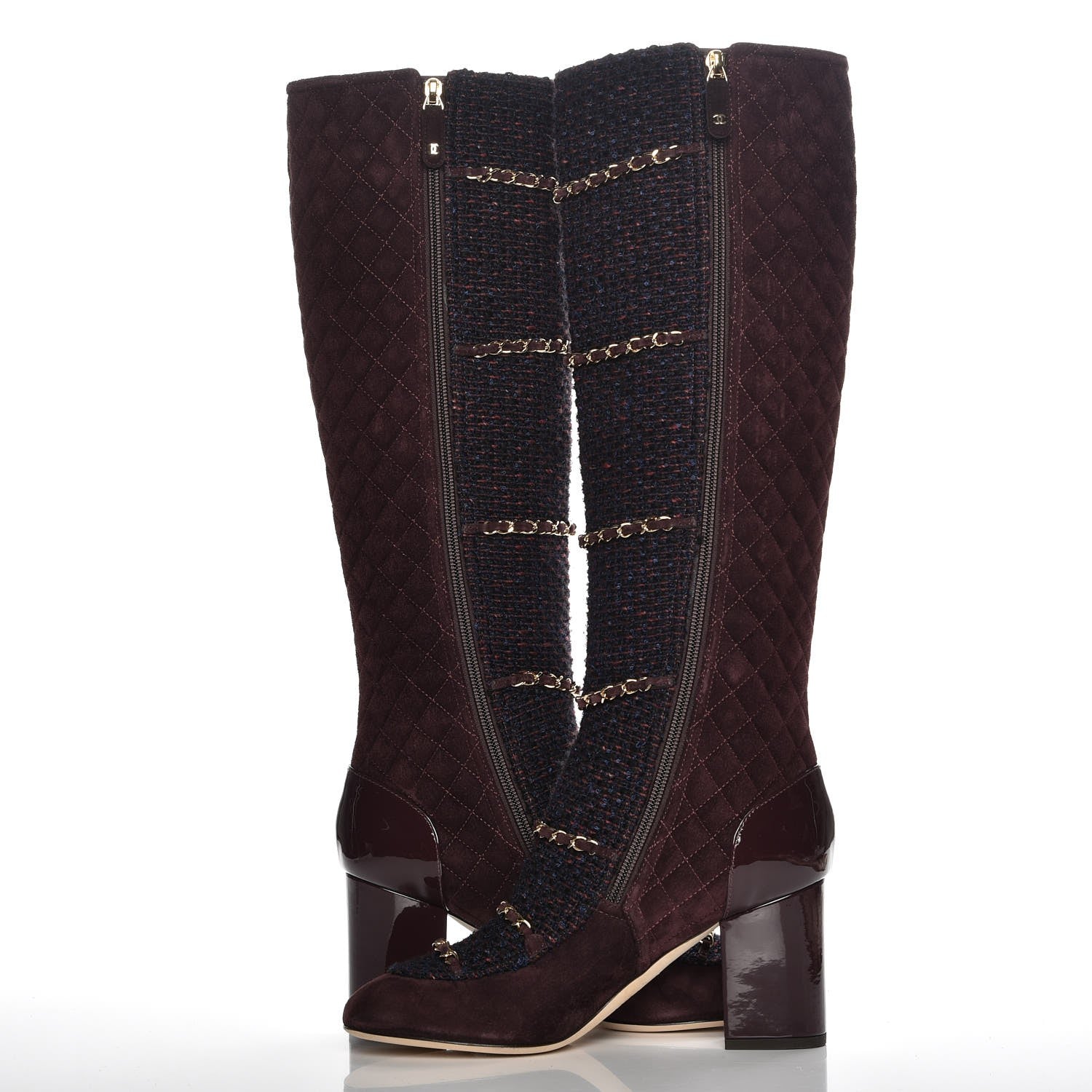 Chanel Suede Tweed Patent Quilted Zip Knee High Boots 39.5 Black Navy Burgundy 8 of 12