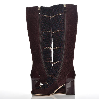 Chanel Suede Tweed Patent Quilted Zip Knee High Boots 39.5 Black Navy Burgundy 8 of 12