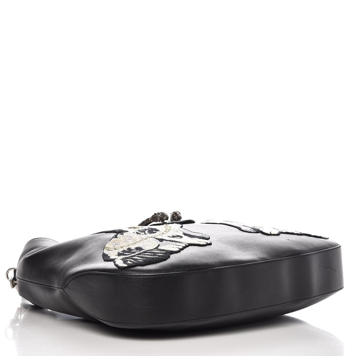 Calfskin Web Dog Embroidered Large Dionysus Hobo Black
