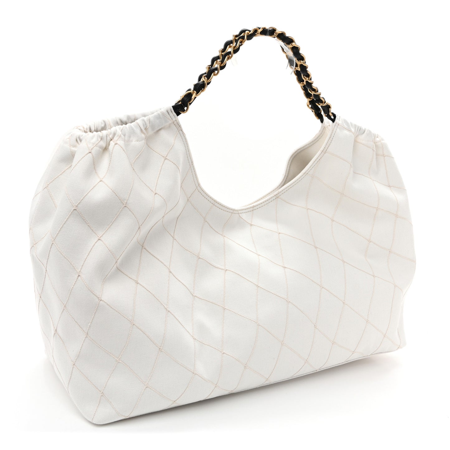 Denim Calfskin Quilted Coco Beach Small Shopping Tote White Black