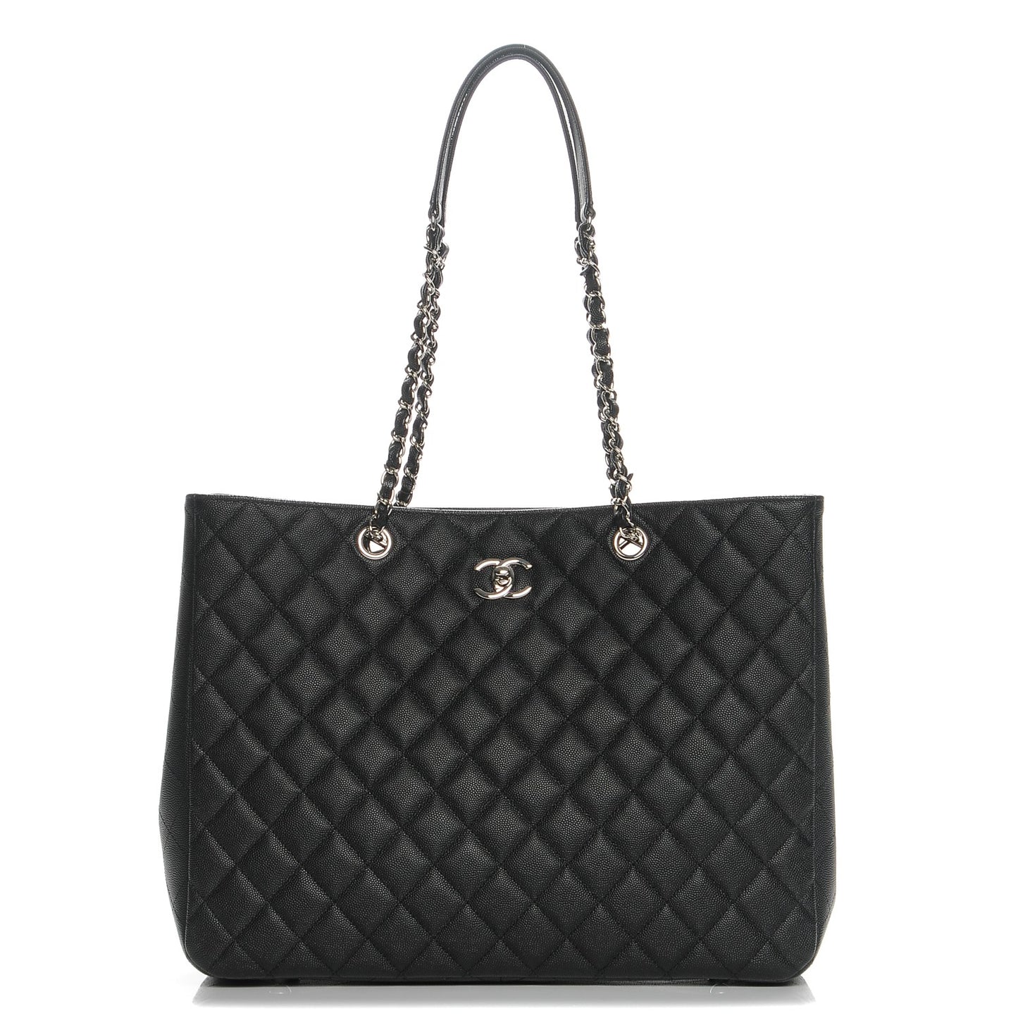 Calfskin Quilted Large CC Shopping Tote Black