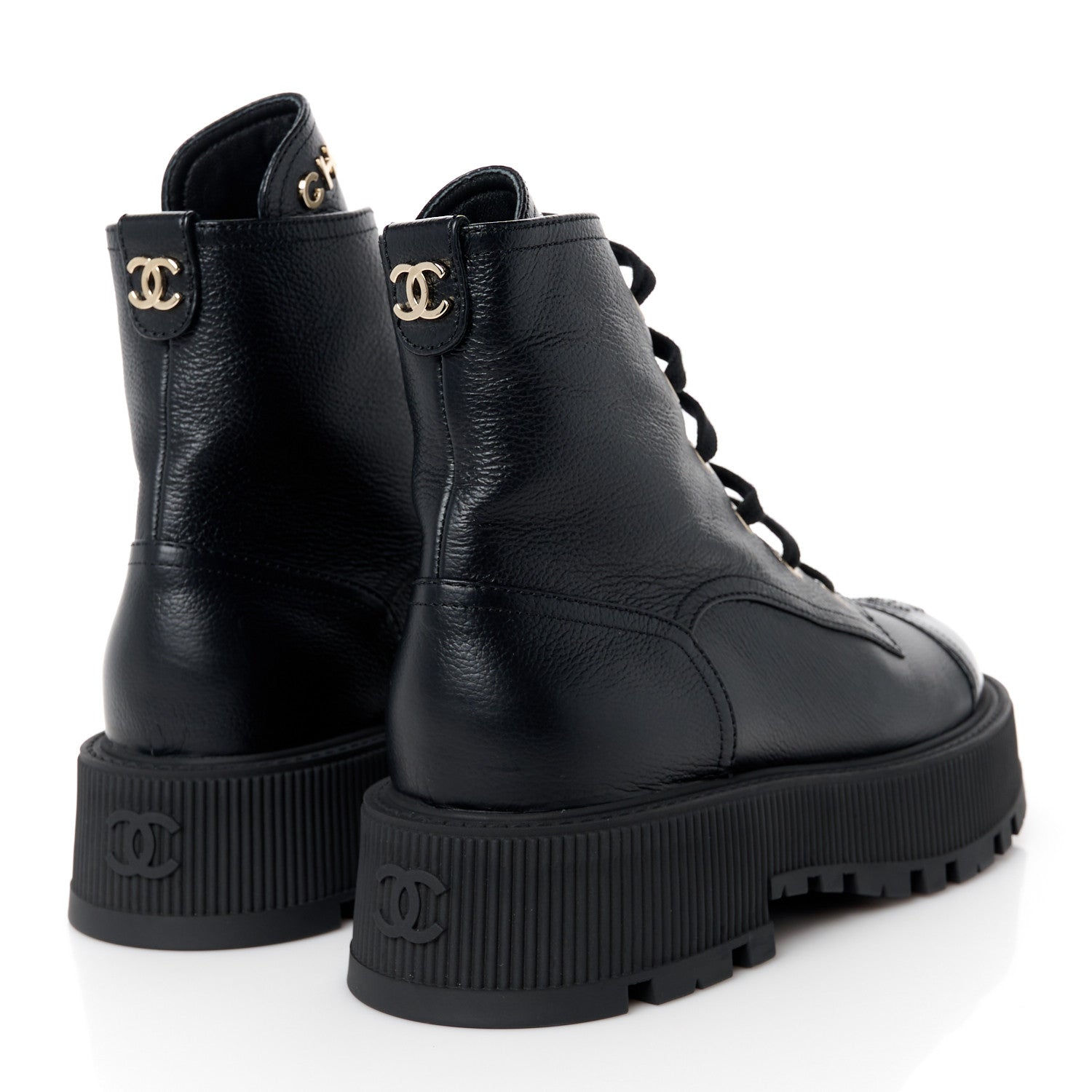 Chanel Grained Calfskin Shiny Calfskin CC Lace Up Combat Boots 39 Black 4 of 10
