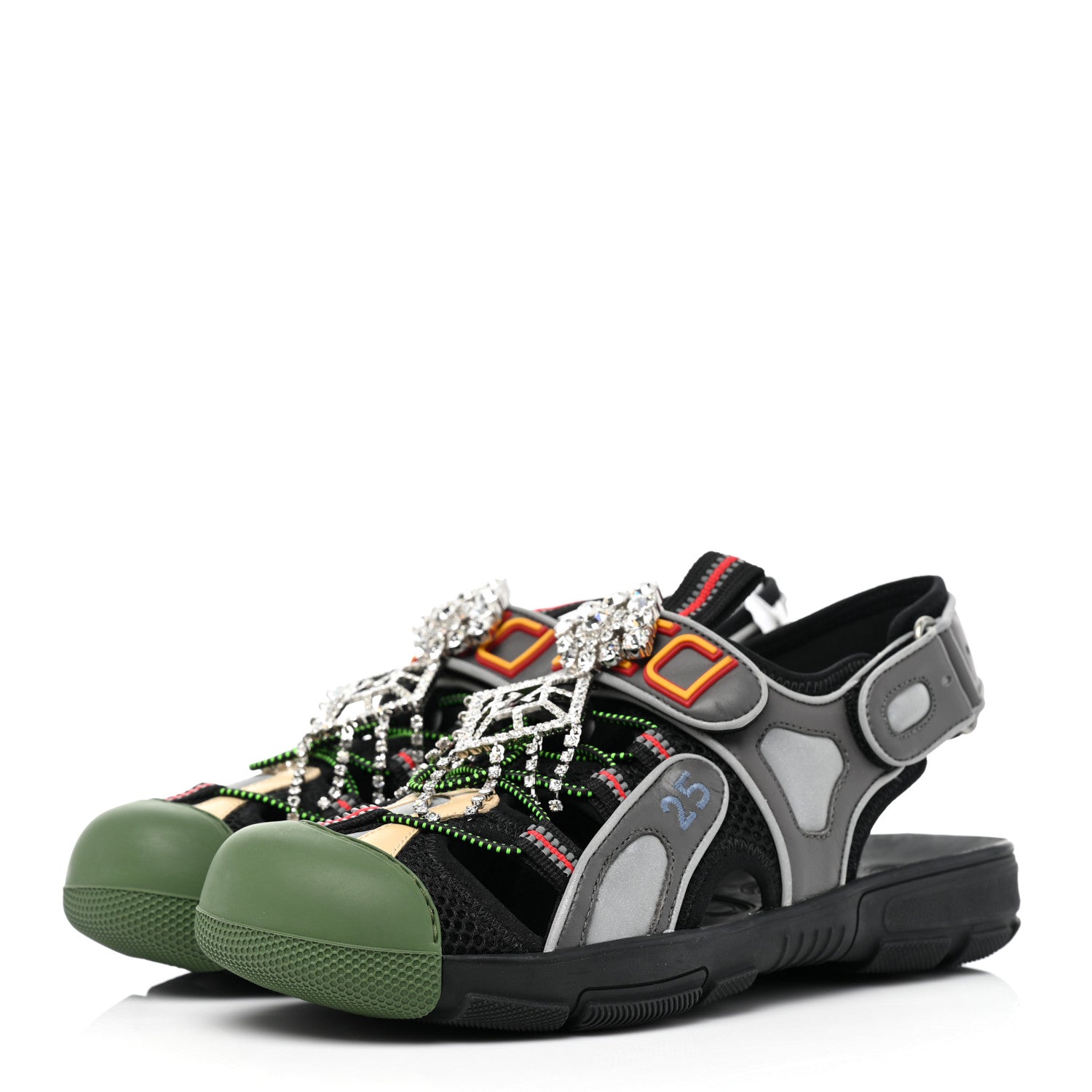 Gucci Mesh Fabric Tinsel Sport Sandals 38 Black Silver Green 3 of 7