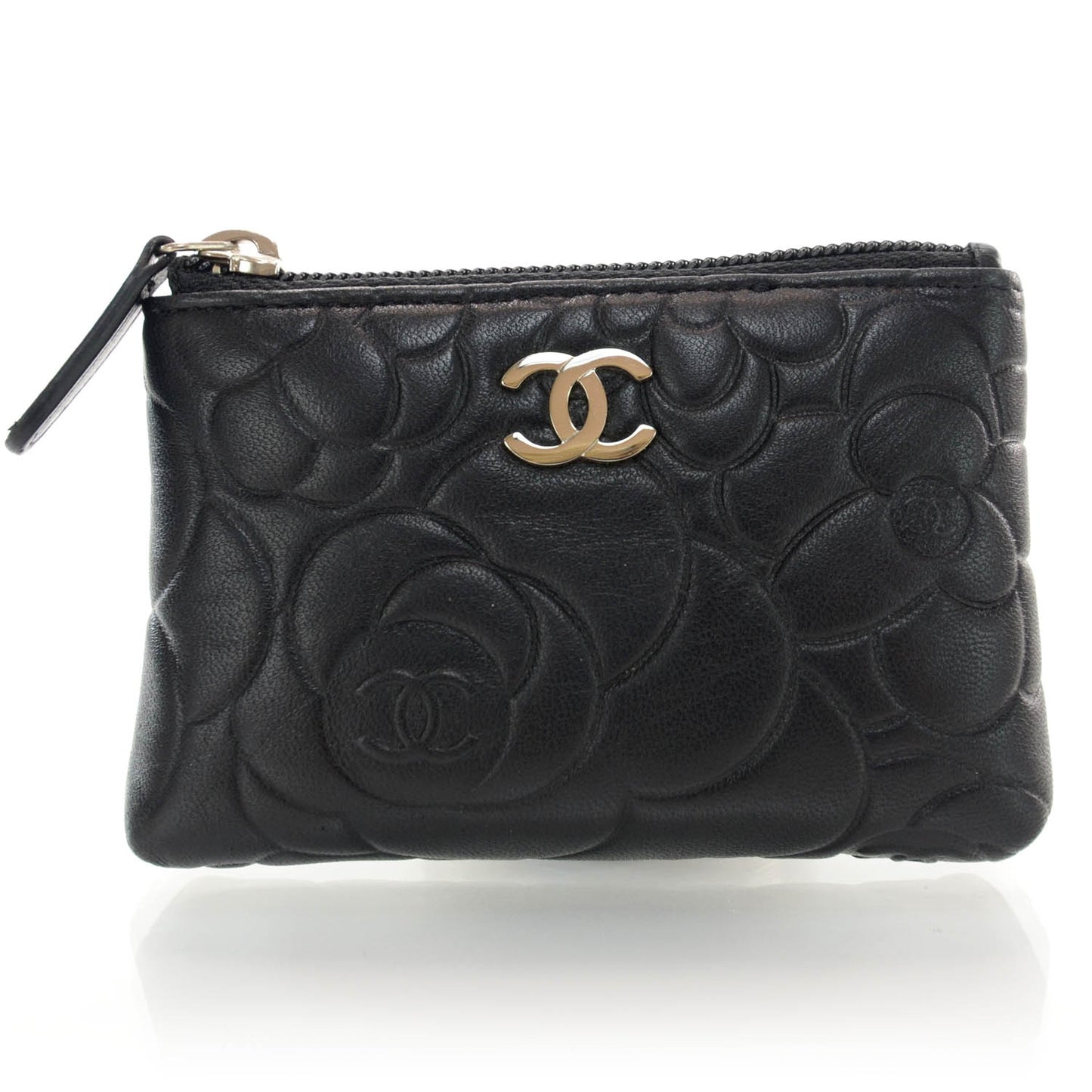 Lambskin Camellia Embossed Key Holder Case Black
