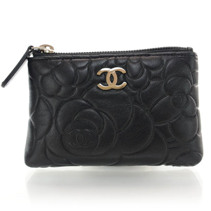 Chanel Lambskin Camellia Embossed Key Holder Case Black 1 of 9