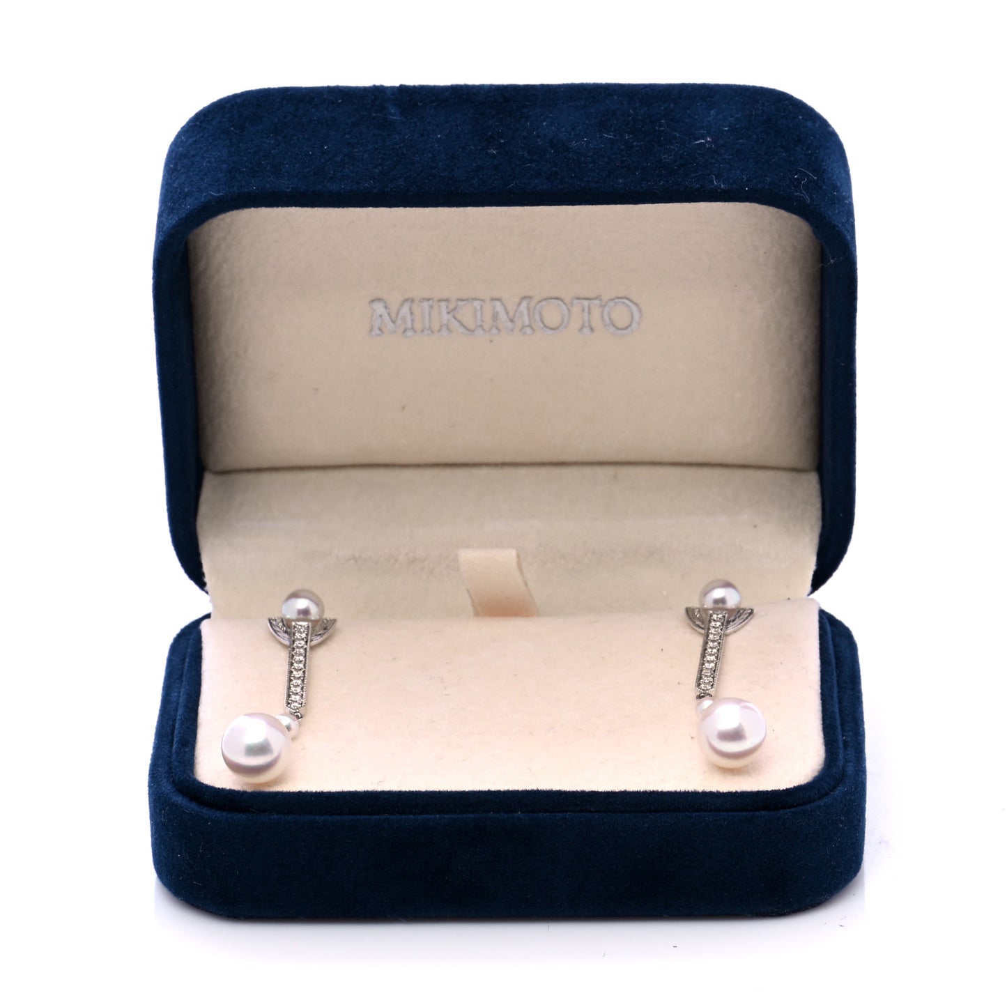18K White Gold Diamond Akoya Pearl 8mm Deco Drop Earrings