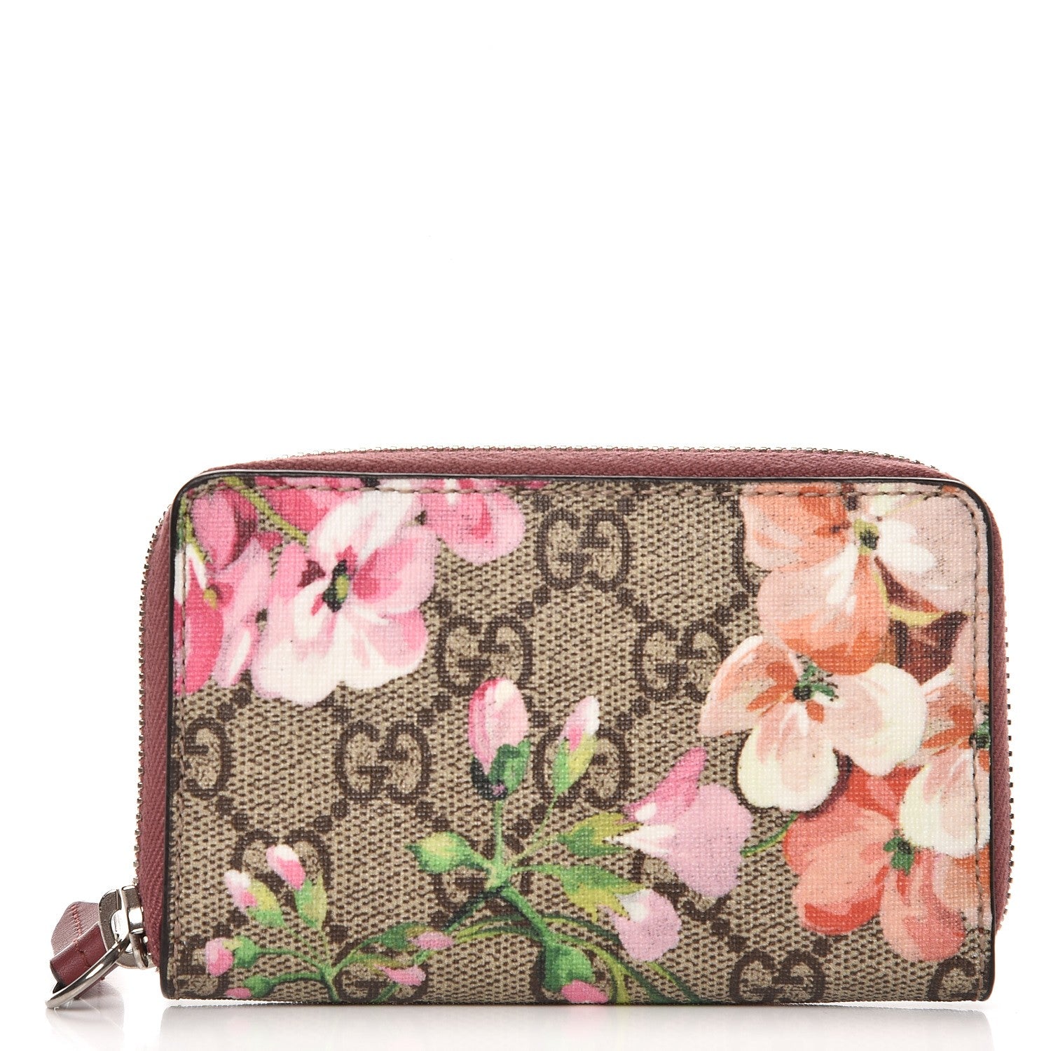 Gucci GG Supreme Monogram Blooms Zip Around Card Case Wallet Beige Multicolor Dry Rose 1 of 6