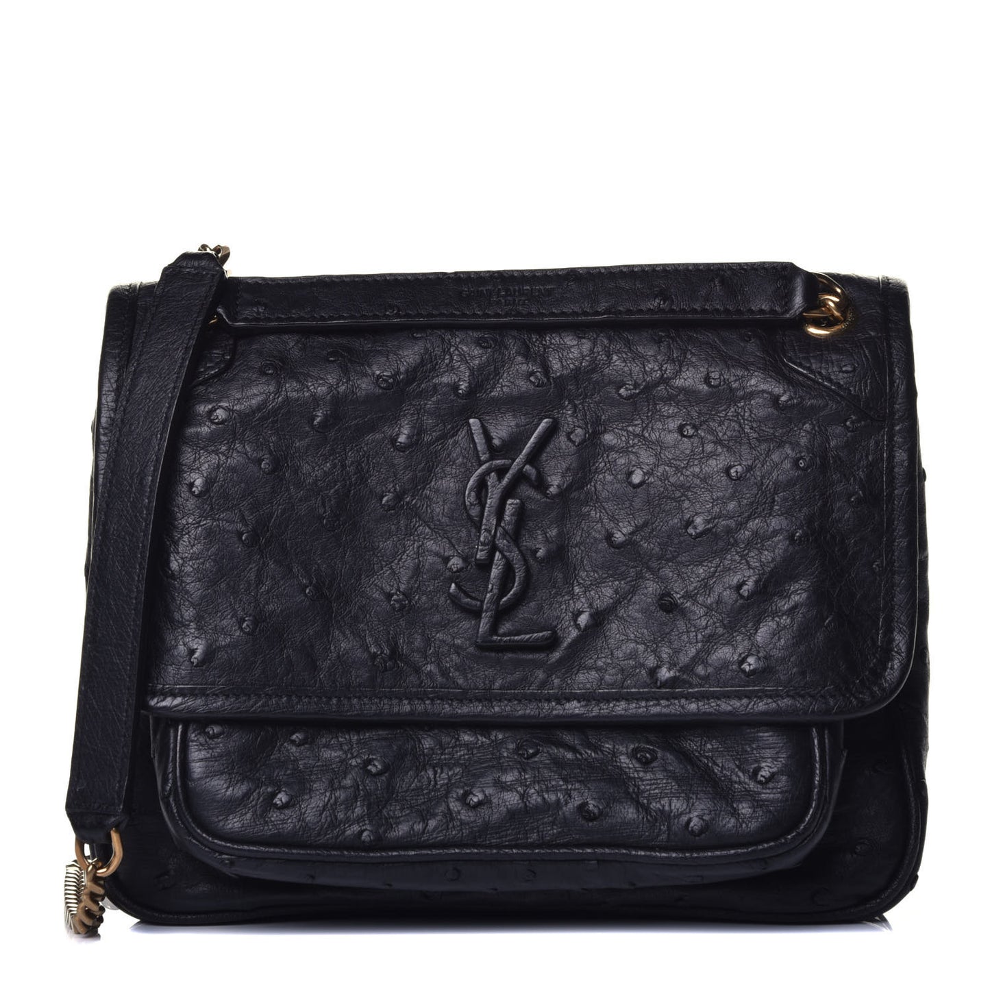 Ostrich Monogram Baby Niki Chain Satchel Black
