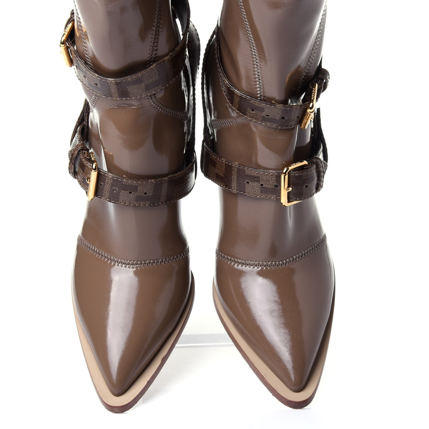 Fendi Glossy Neoprene Glazed Fabric FF FFrame Boots 38 Tortora Tobacco Moro 6 of 10