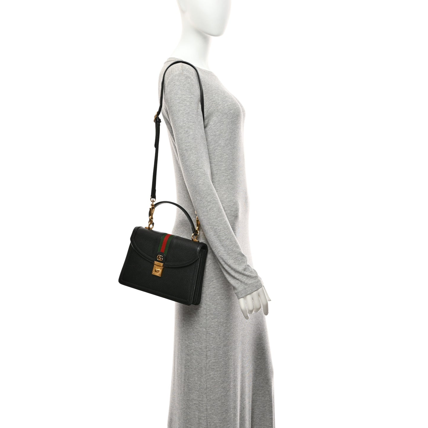 Textured Dollar Calfskin Web Small Ophidia Padlock Top Handle Bag Black