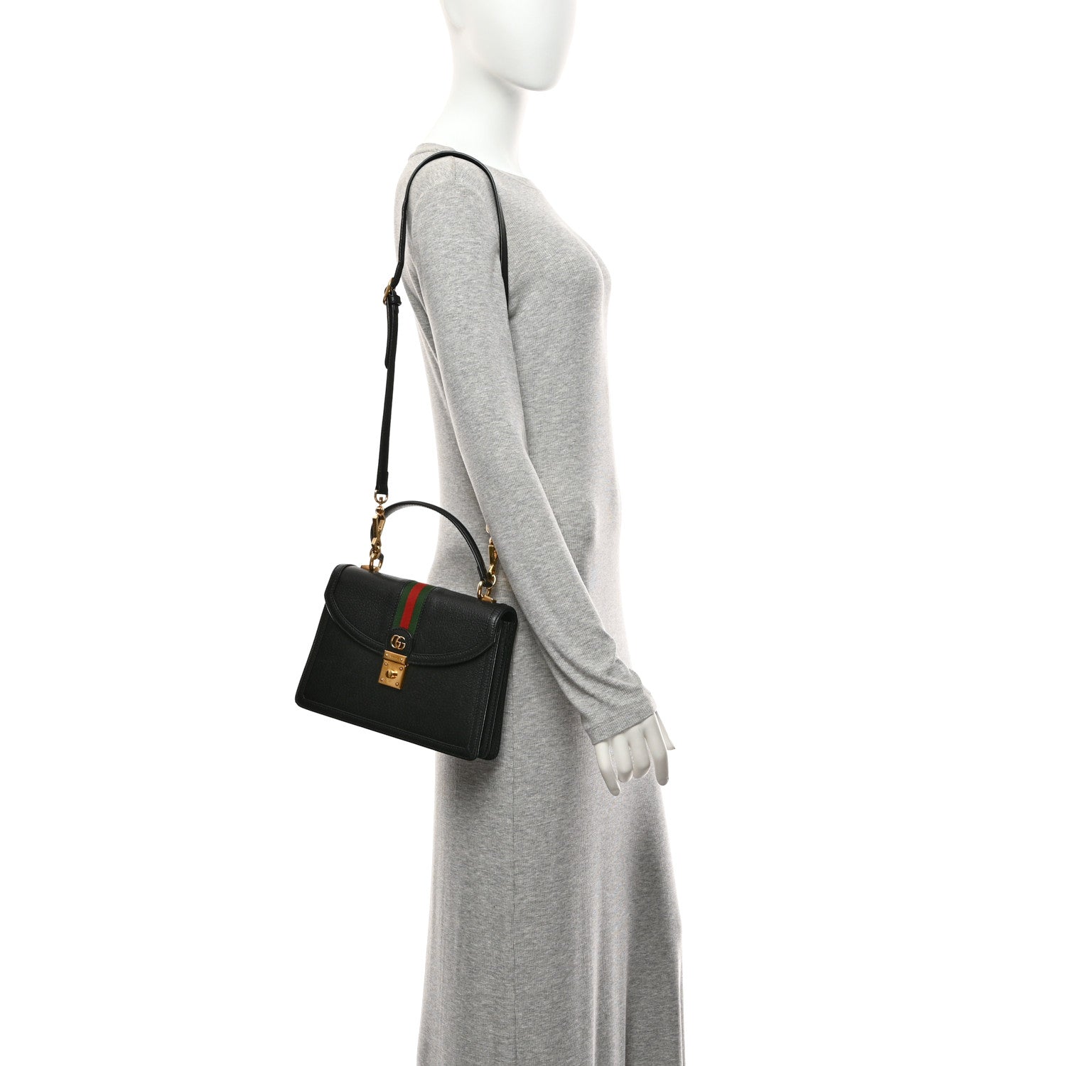 Gucci Textured Dollar Calfskin Web Small Ophidia Padlock Top Handle Bag Black 2 of 11