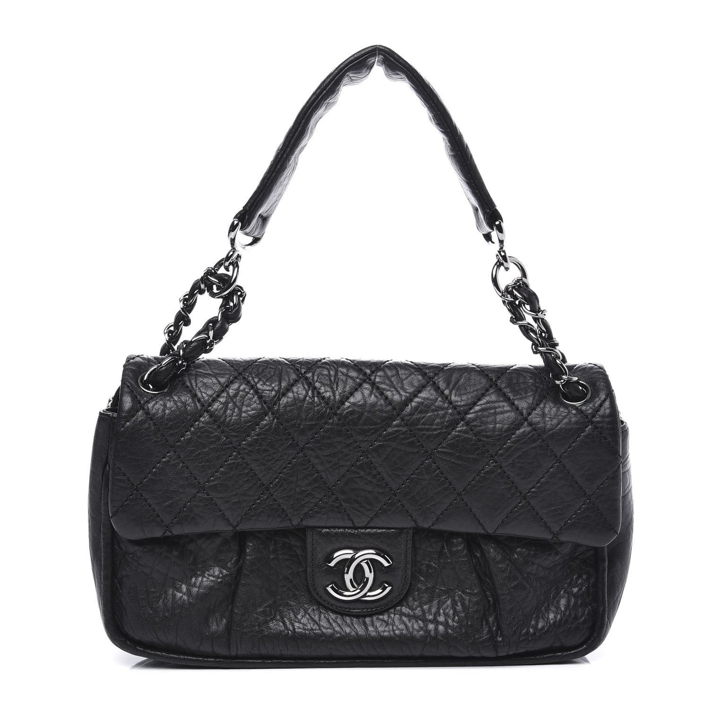 Distressed Lambskin Lady Braid Flap Black