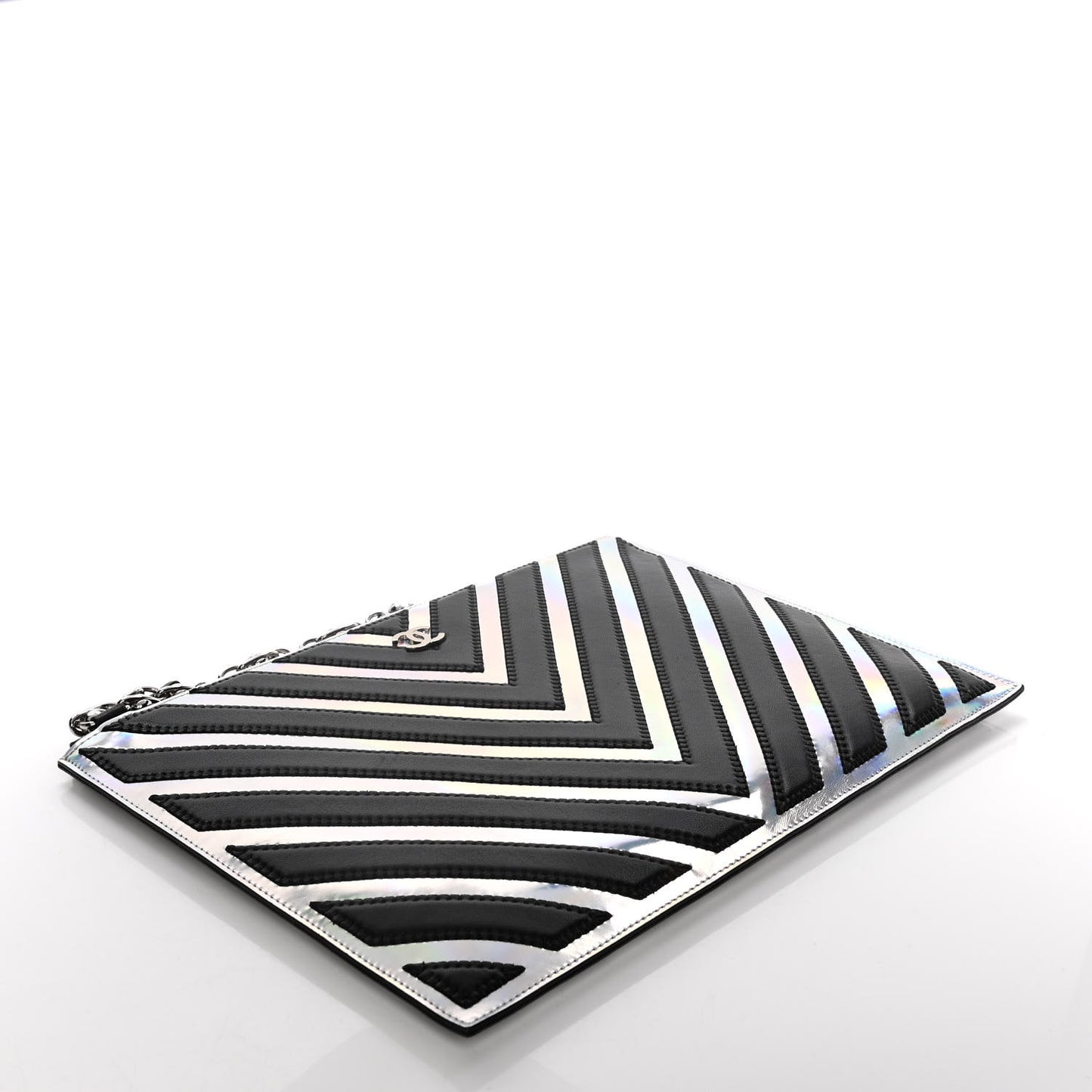 Lambskin Metallic Chevron Zip Pouch Black Silver