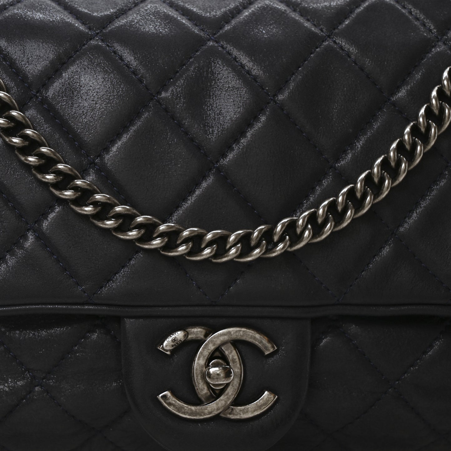 Iridescent Calfskin Quilted Large Shiva Flap Navy Blue