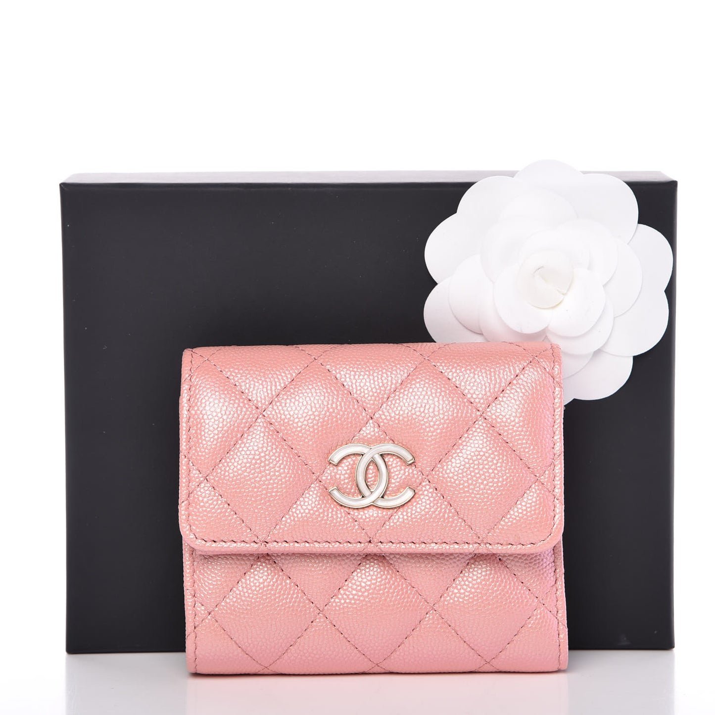 Iridescent Caviar Quilted Small Flap Wallet Rose Pink