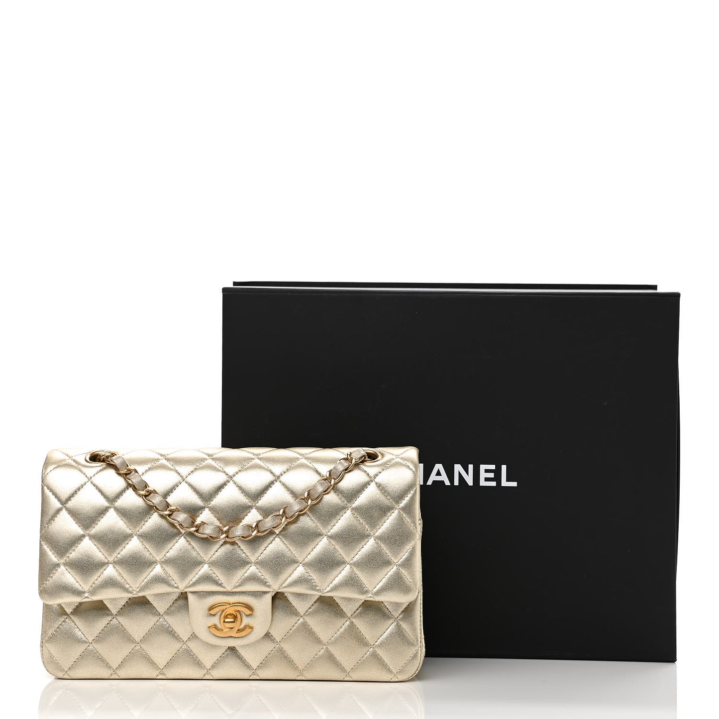 Metallic Lambskin Quilted Medium Double Flap Gold