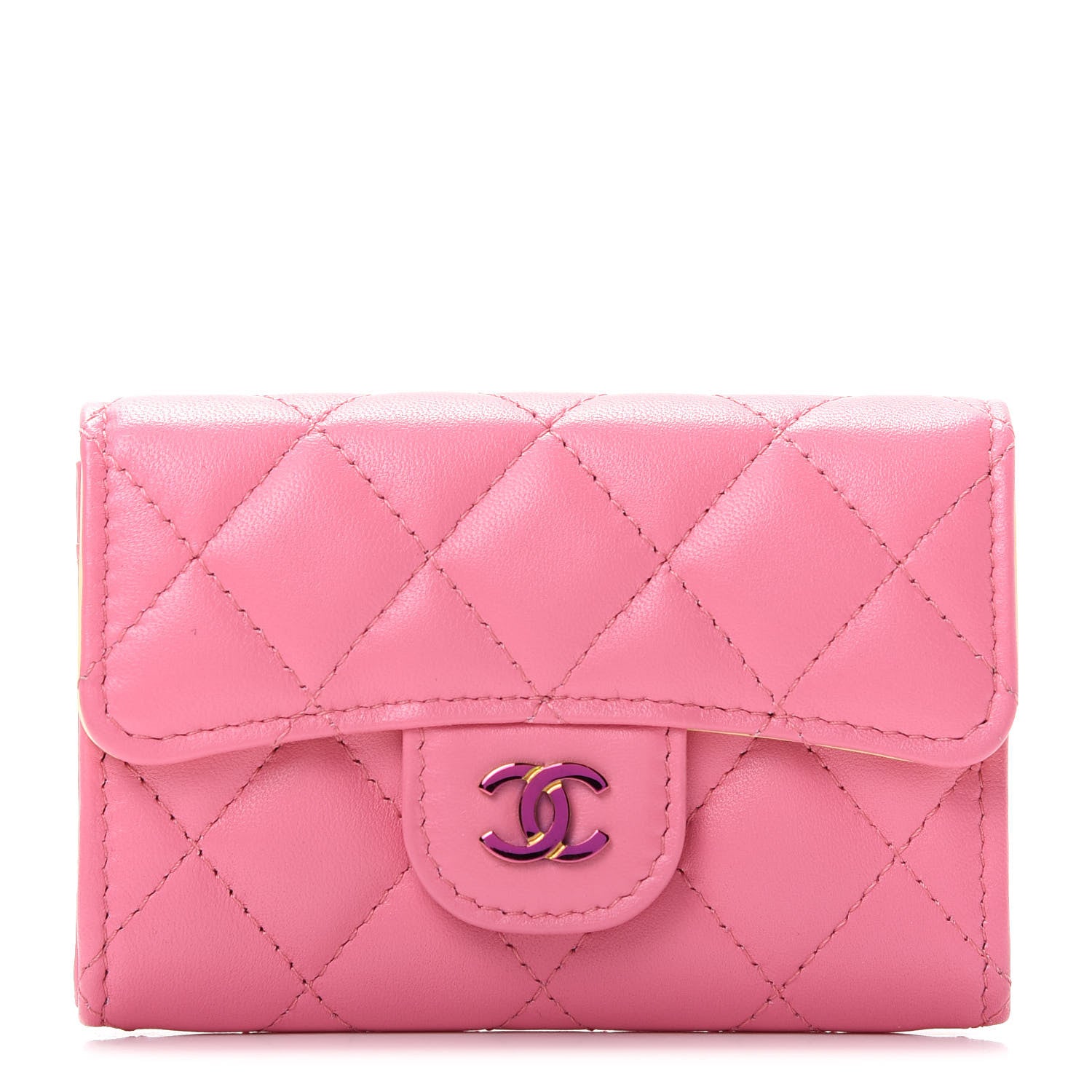 Chanel Lambskin Quilted Flap Card Holder Wallet Pink Yellow 1 of 9