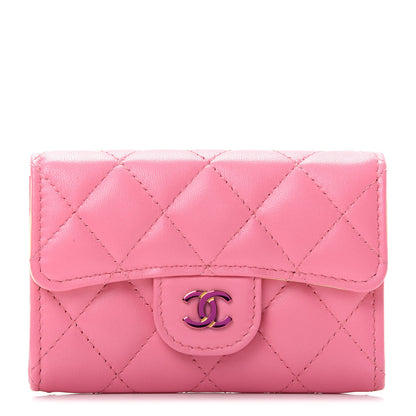 Chanel Lambskin Quilted Flap Card Holder Wallet Pink Yellow 1 of 9