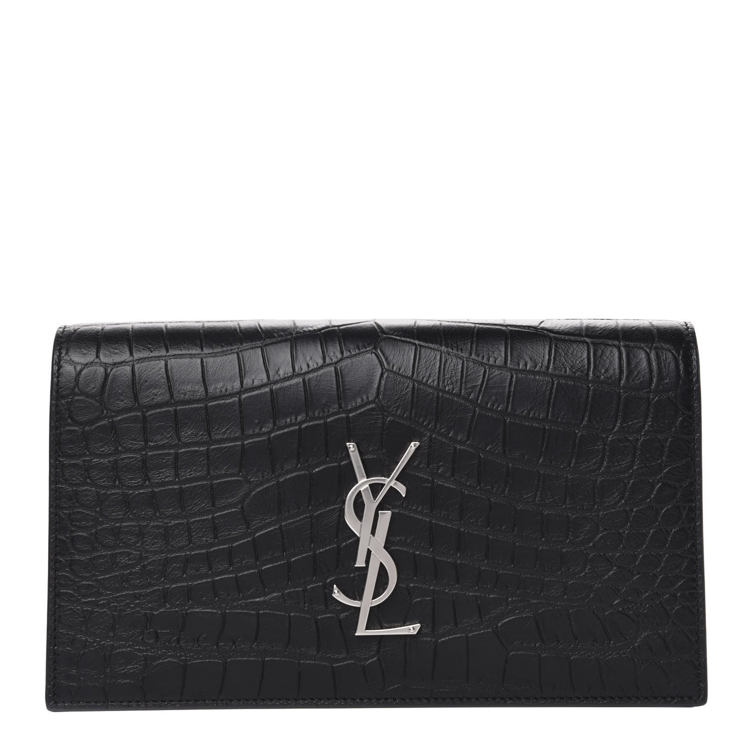 Saint Laurent Calfskin Crocodile Embossed Classic Kate Monogram Clutch Black 1 of 8