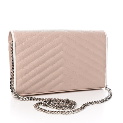 Saint Laurent Grain De Poudre Matelasse Chevron Monogram Chain Wallet Pink and White 3 of 12