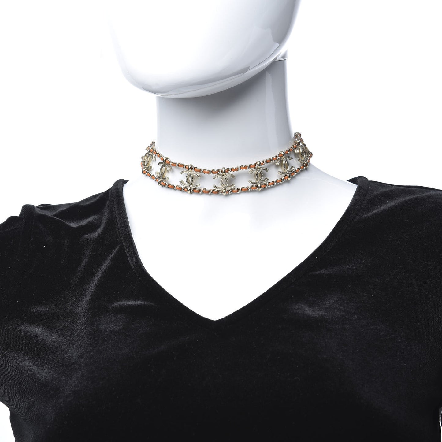 Metal Lambskin CC Chain Link Choker Necklace Gold Pink