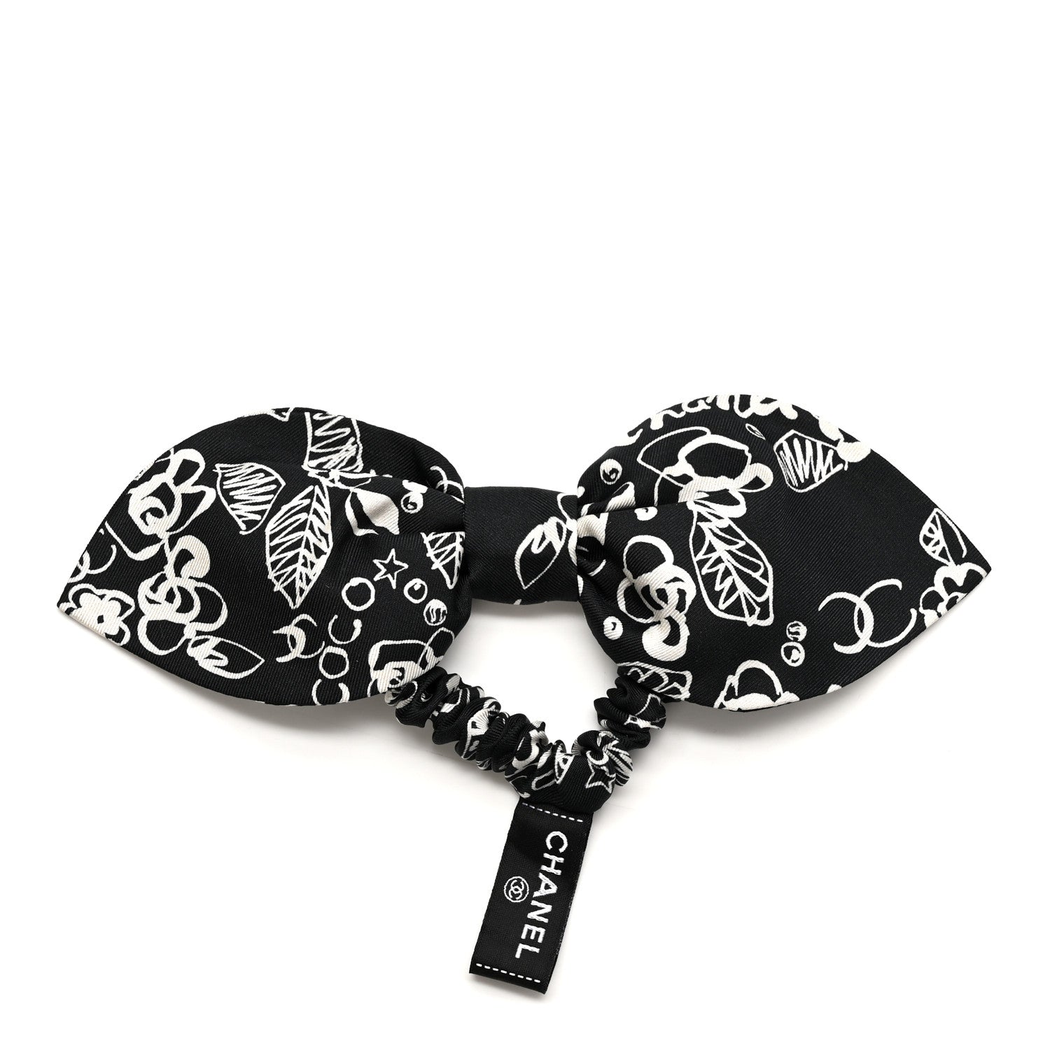 Chanel Silk Twill CC Scarf Hair Tie Black White 1 of 3