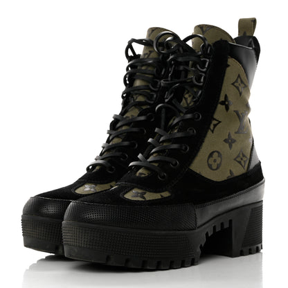 Louis Vuitton Suede Monogram Laureate Platform Desert Boots 38 Kaki Black 3 of 8