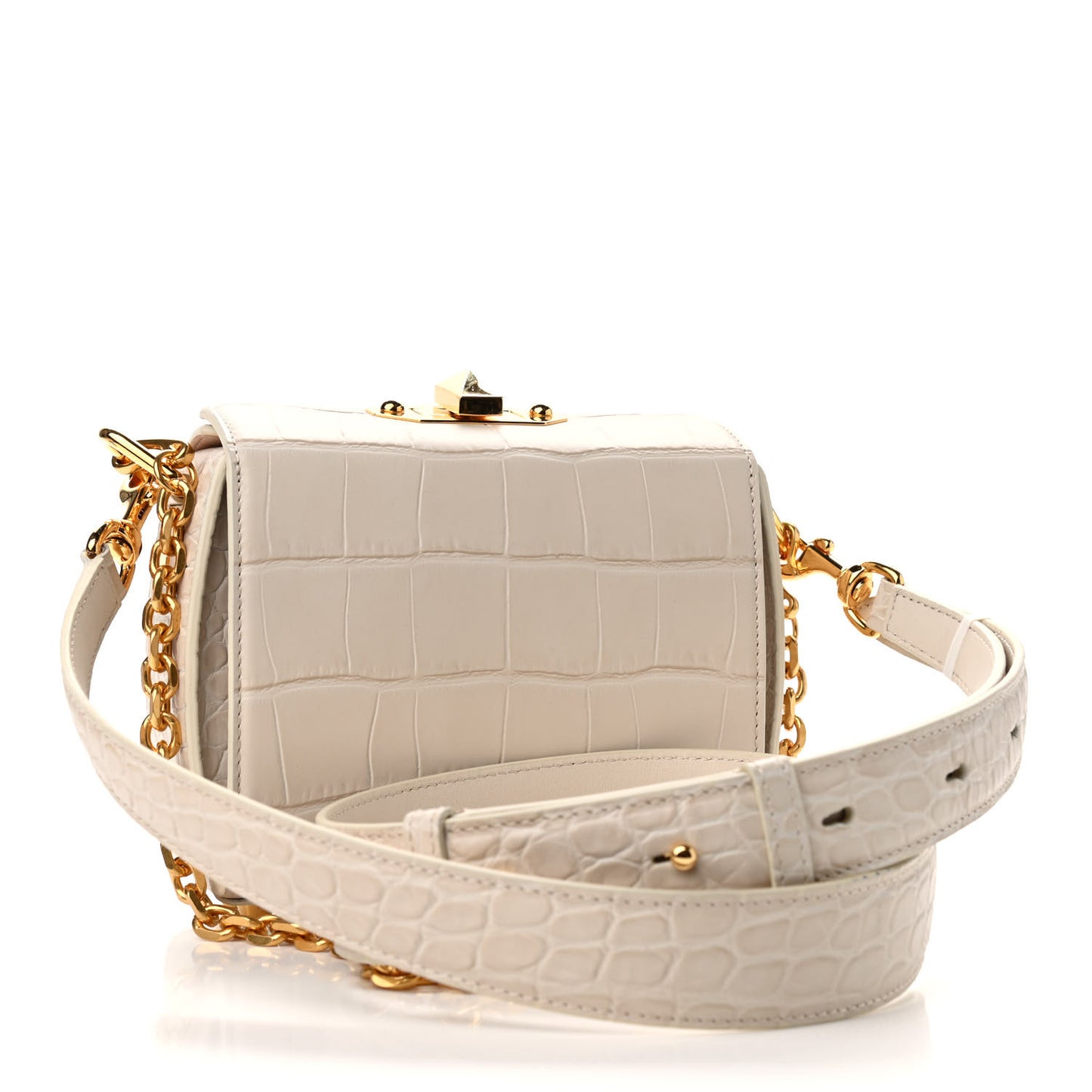 Calfskin Crocodile Embossed Box Shoulder Bag 16 Cream