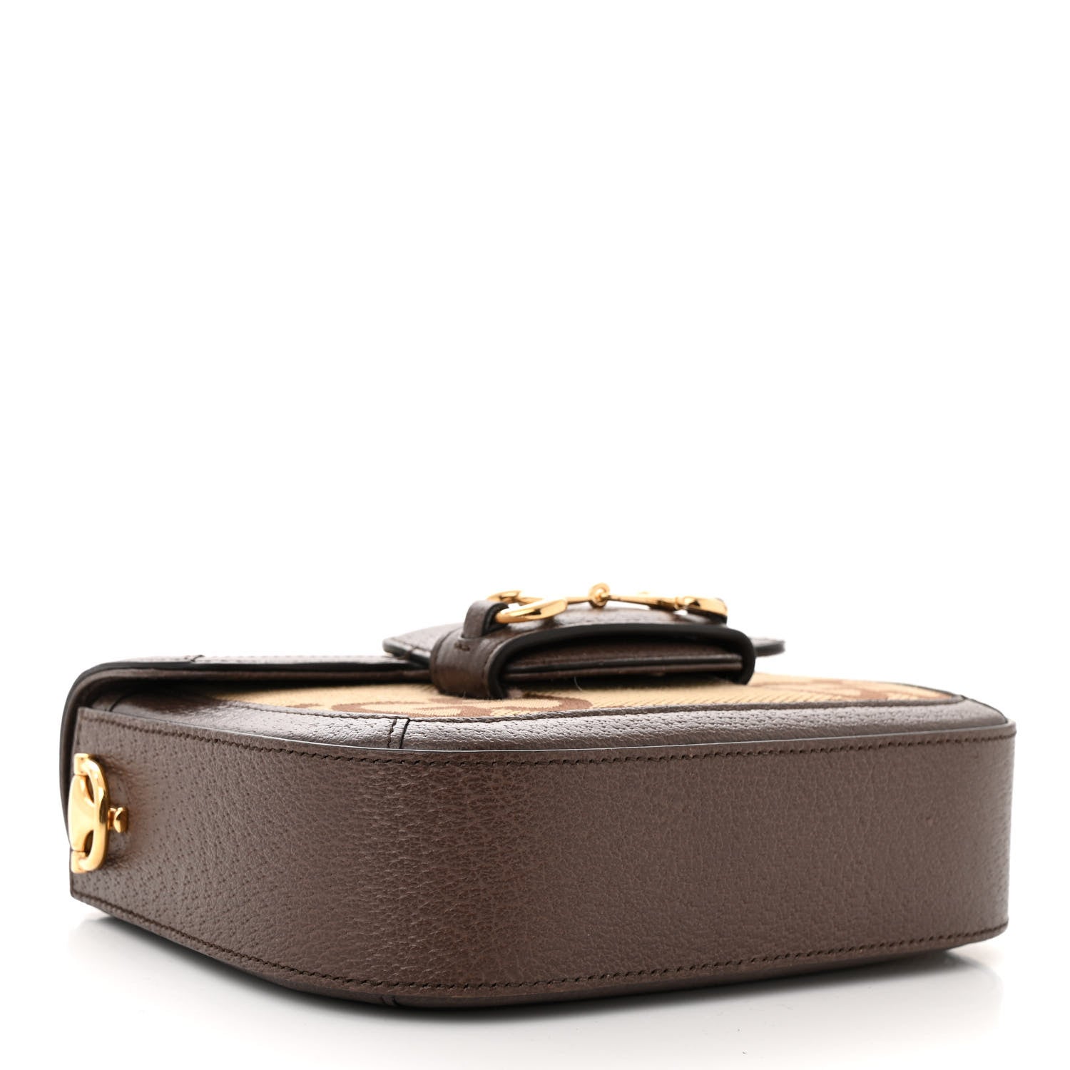 Gucci Monogram Jumbo GG Textured Dollar Calfskin Web Mini Horsebit 1955 Shoulder Bag  Camel Ebony New Acero 4 of 10