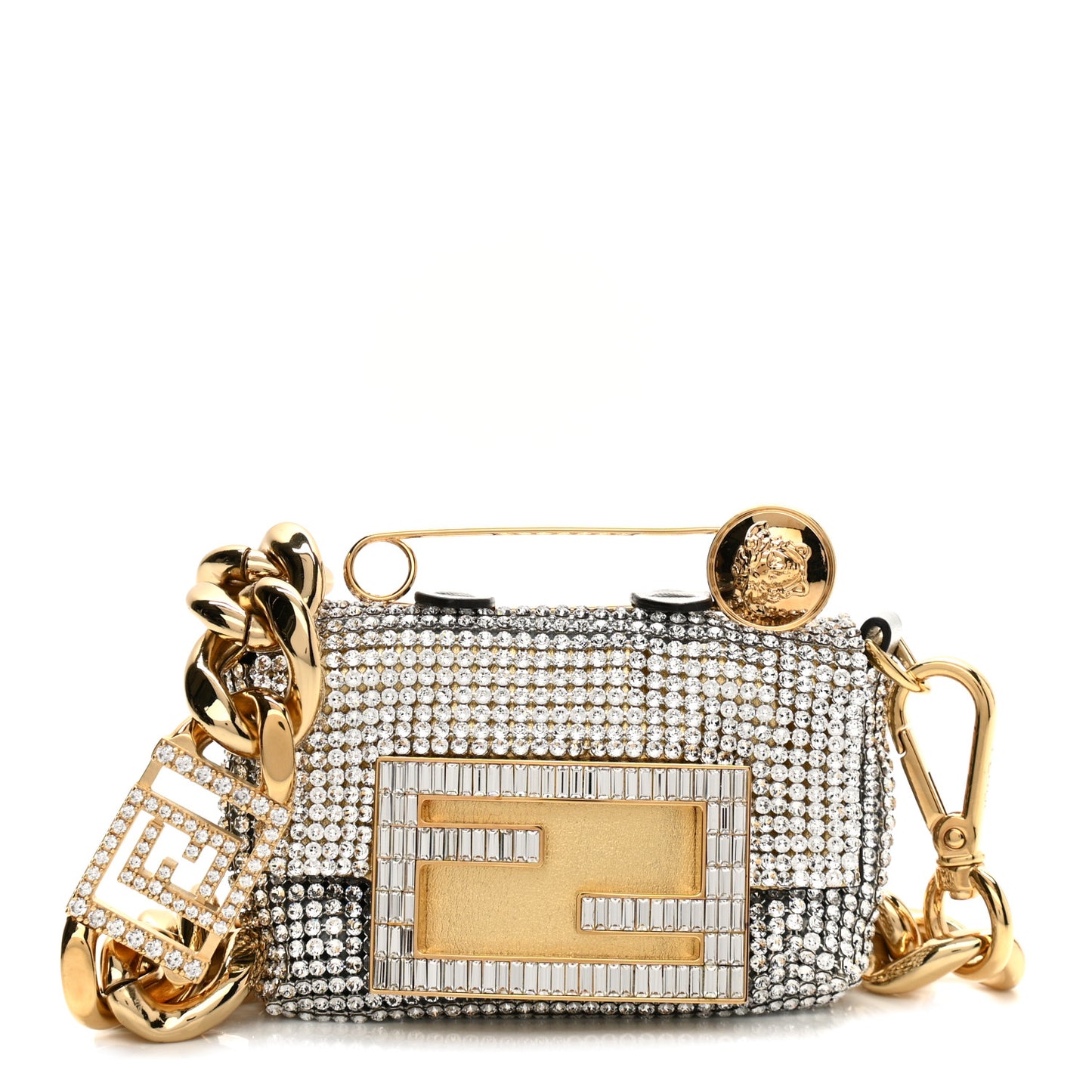 X VERSACE Crystal Fendace Nano Brooch Baguette Gold Silver