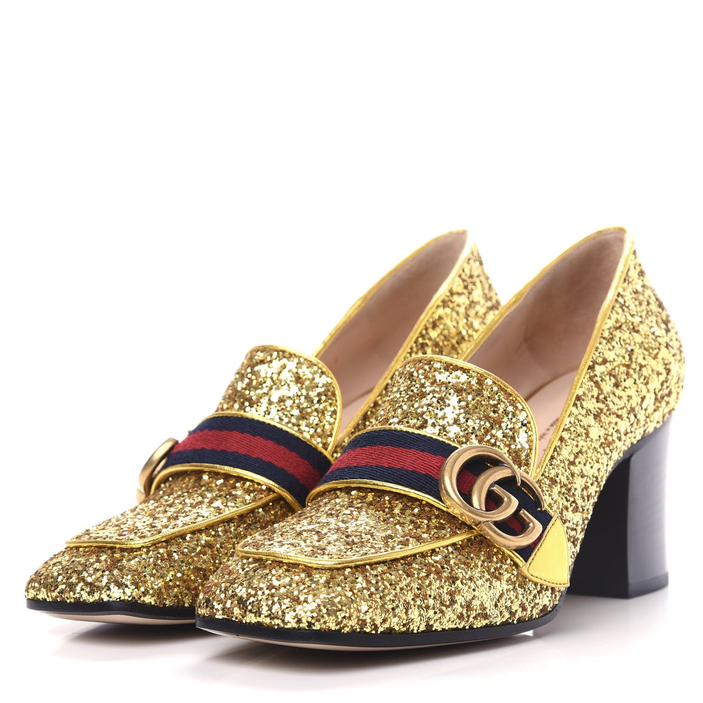 Glitter Nappa Web Peyton 75mm Loafer Pumps 37 Oro Vecchio